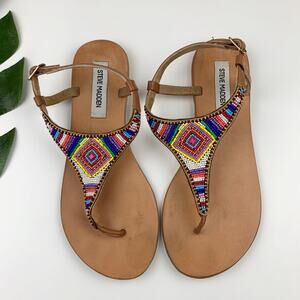 Steve Madden Beaded Sandals Tan Leather Thong Flats Women's 8.5 Boho